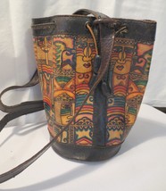 Vtg 70&#39;s Large Leather Sling Hippy Bucket Handbag Purse BOHO Tribal Drawstring - £79.24 GBP
