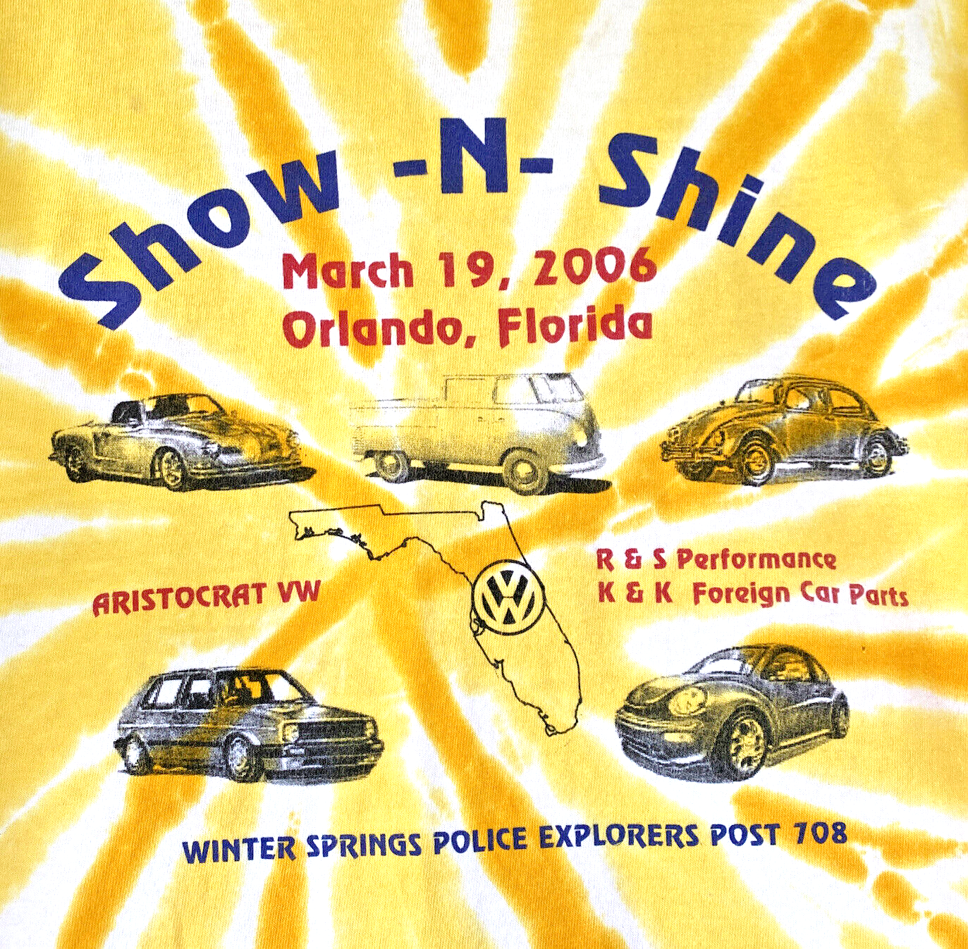 VW Volkswagen Club T Shirt Bus Bug Show N Shine Tie Dye Men 2XL Orlando Florida - $26.18