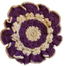 Crocheted Handmade Ruffled Doily Dresser Scarf Purple &amp; White 7&quot; Vintage - £9.76 GBP