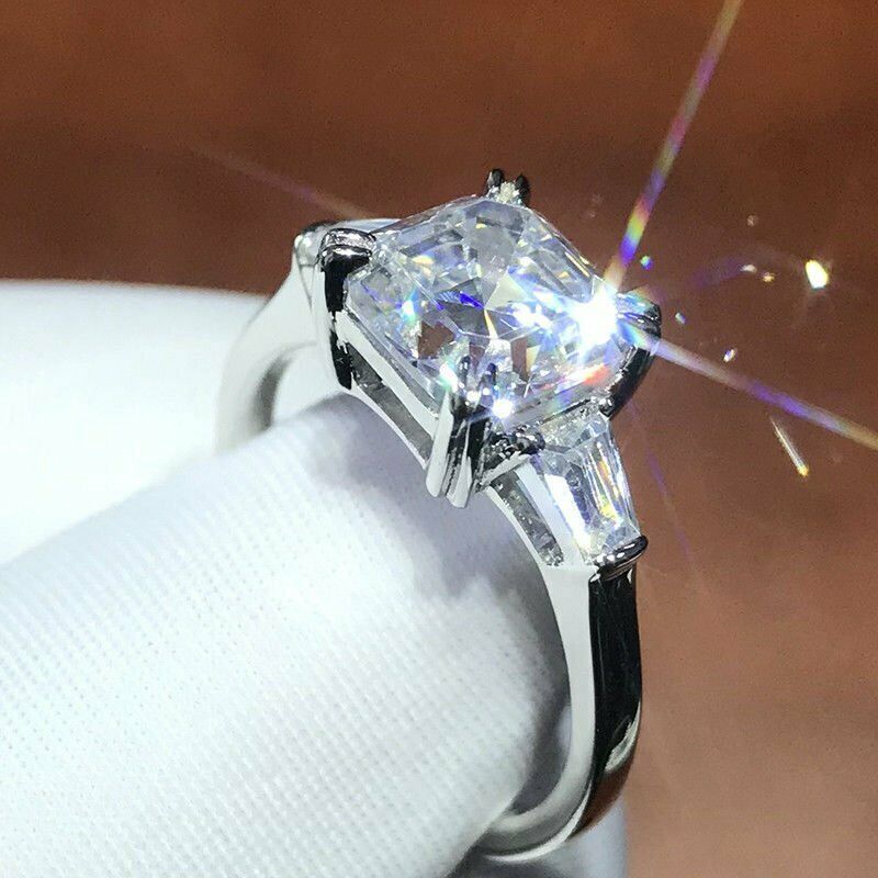 3Ct Asscher Cut VVS1 Diamond Three Stone Engagement Ring 14K White Gold Finish Item image 3
