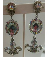 Vintage Long AB Rhinestone Dangle Drop Pierced Earrings 3.3/8&quot; Long - $75.54 CAD
