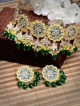Gold Plated Yellow &amp; Green Beads Drops Meenakari Kundan Bone Necklace Jewelry - £24.13 GBP