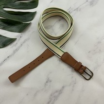 Womens Vintage 90s Woven Belt Size L Green Blue Stripe Leather Trim Preppy - $18.80