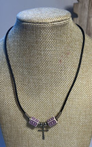 Jewelry Necklace Black Nylon Cord Purple Barrels Cross Silver Tone Beads Hook - £4.66 GBP