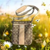 Coach Crossbody Messenger Bag Signature C Logo Beige Brown Leather Trim ... - $1,235.48 MXN