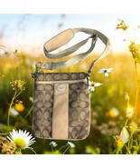 Coach Crossbody Messenger Bag Signature C Logo Beige Brown Leather Trim Silver  - $65.00