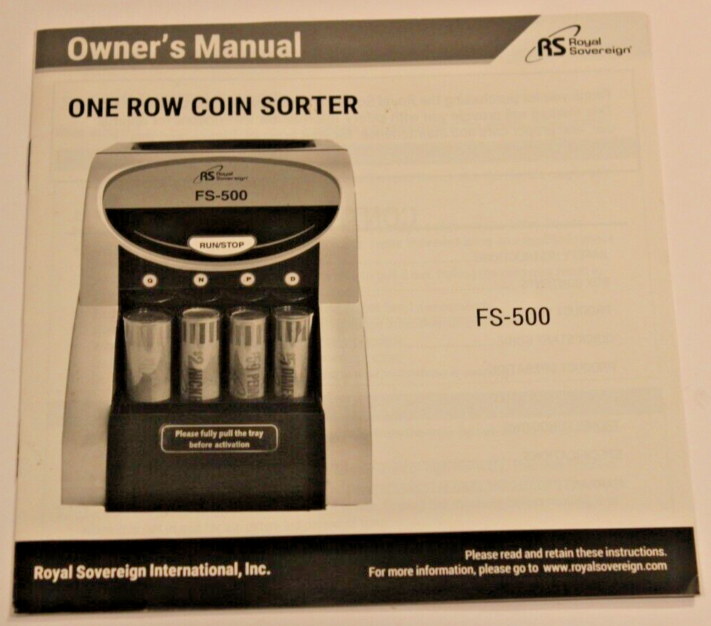 OWNER’S MANUAL - ROYAL SOVEREIGN FS-500 ONE ROW COIN SORTER - £2.35 GBP