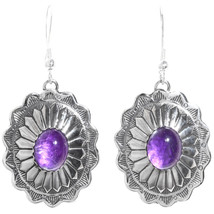 Navajo Lenora Begay, AMETHYST Silver Concho Earrings Stamped Feathers Dangles - £94.17 GBP