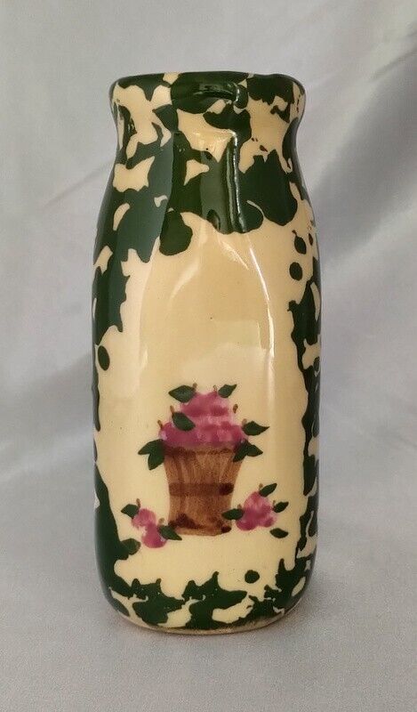 ALPINE POTTERY Roseville Ohio Green Sponge Ware Small Milk Bottle Vase (... - $11.66
