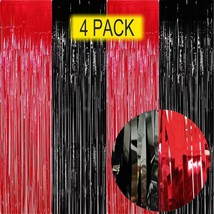 Red And Black Party Decorations- 4 Pack Of 3.2X8.2Ft Foil Fringe Curtains For Gr - £14.87 GBP