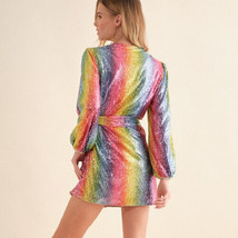 Rainbow Striped Sequin Dress   Short Mini Evening Dress Long Sleeve Wrap... - £70.56 GBP