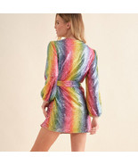 Rainbow Striped Sequin Dress   Short Mini Evening Dress Long Sleeve Wrap... - £71.30 GBP