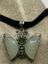 Vintage Green Chalcedony Butterfly Choker Black Velvet pendant necklace - £63.88 GBP