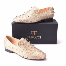 Men FERUCCI Gold Spikes Slippers Loafers Flat With Crystal GZ Rhinestone - £159.86 GBP