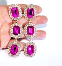 Rhinestone Pierced Earrings, Large Chandelier Earrings, Pink Drop Pageant Earrin - £32.59 GBP