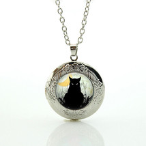 Black Cat Moon Cabochon LOCKET Pendant Silver Chain Necklace USA Ship #50 - £11.88 GBP