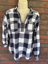 Flannel Shirt Medium Roll Tab Long Sleeve Popover Top Button V-Neck Holl... - $19.00