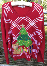 Jolly Sweater Wm. XXL Red Christmas Green Tree embroidered appliques Bear Gifts - £23.41 GBP