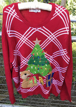 Jolly Sweater Wm. XXL Red Christmas Green Tree embroidered appliques Bear Gifts - £23.55 GBP