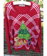 Jolly Sweater Wm. XXL Red Christmas Green Tree embroidered appliques Bea... - £23.10 GBP