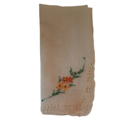 Primary image for 11" Orange Yellow Flower Embroidered Vintage Hankie Handkerchief 