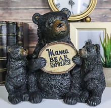 Whimsical Black Bears Mother With Cubs Holding Mama Bear Knows Best Sign Statue - £29.99 GBP