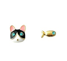 Kitty Cat Face Fish Rhinestone Enamel Earstuds Stud Post Pierced Earrings - £7.50 GBP