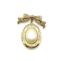 1928 Locket Bow Vintage Brooch, Gold Tone Bow and Oval Lapel Pin with Faux Pearl - £22.06 GBP