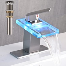 Avsiile Led Bathroom Sink Faucet, Brushed Nickel Waterfall, Open Glass Spout. - £61.19 GBP