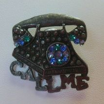 Vintage Pewter Blue/Teal Green Rhinestone Telephone Pin "Call Me" - $13.85