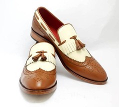 Loafer Slips On Tassel Shoes Brown Beige Wingtip Brogue Flap Fringe Handmade - £108.40 GBP