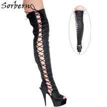 Black Women Peep Toe Platform Heel Sexy Boots Thigh High Thick Sole Shoes For Wo - £174.22 GBP