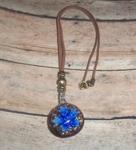 Necklace Cord Glass Pendant Brown Blue w/Beads 21&quot; + Upcycled Handmade - $20.00