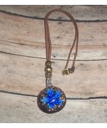 Necklace Cord Glass Pendant Brown Blue w/Beads 21&quot; + Upcycled Handmade - $20.00