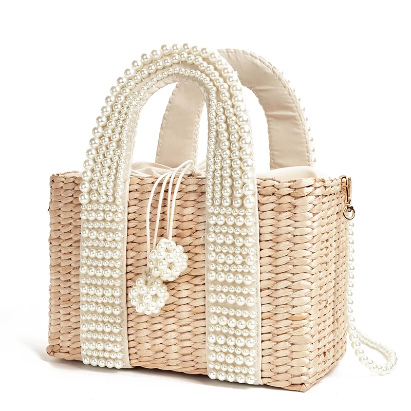 New Women&#39;s Handbag with Pearl Ladies Hand Bags Straw Basket Large Tote ... - $123.58