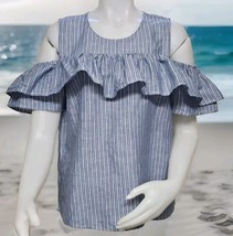 J Crew Linen Blend Top Womens 12 Blue Striped Ruffle Collar Cold Shoulde... - $23.98