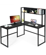 Reversible L-Shaped Corner Desk with Storage Bookshelf-Black - Color: Black - $3,845.56 MXN