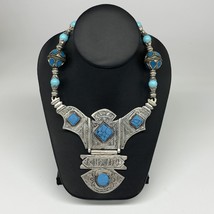 Turkmen Necklace Antique Afghan Tribal Blue Turquoise Inlay V-Neck, Necklace T56 - £24.18 GBP