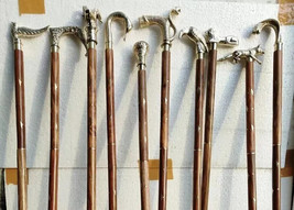 Lot of 10 Pcs Antique Brass Walking Stick Cane Different Handle Wooden Gift Deco - £183.50 GBP