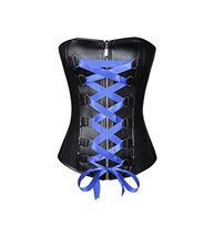 Black Leather Blue Lace Gothic Steampunk Costume Plus Size Overbust Corset - £58.34 GBP