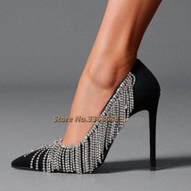 Bling Bling Crystal Fringe Wedding Shoes Black Suede Silver Rhinestone Embellish - £136.96 GBP