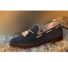 Handmade Men Suede Moccasin Shoes, Men loafer slip on Black Beige Tussles shoes - £127.40 GBP