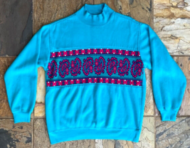 Vintage American Weekend Sweatshirt-Turquoise-M-Paisley Knit Sweater Strip - $23.38