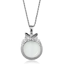 Vintage Rhodium Plated Clear Crystal Owl Pendant Magnifying Glass Necklace 26.5&quot; - £50.86 GBP