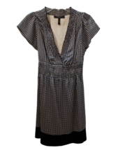 BCBG Maxazria Dress Small Petite Silk Black Beige Checked V-Neck Smocked Waist - £38.23 GBP