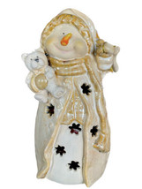 Vintage Snowman Bear &amp; Mittens 9” Tea Lite Holder Ceramic Off-White Beige - £19.77 GBP