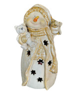 Vintage Snowman Bear &amp; Mittens 9” Tea Lite Holder Ceramic Off-White Beige - £19.41 GBP