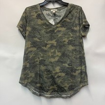 Style &amp; Co Womens L Dark Green Camo Short Sleeve V Neck T Shirt Top NWT CR31 - $19.59