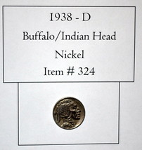 1938 D Indian Head / Buffalo Nickel, # 324, nickels, vintage coins, rare coins - £16.59 GBP