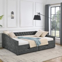 Queen Size Daybed with Drawers Upholstered Tufted Sofa Bed - Grey - £386.26 GBP